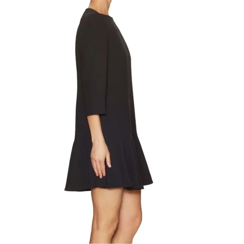 Kate Spade Black Crepe Flounce Dress Solid Size 8 Bateau Boat Neck Mini Elegant